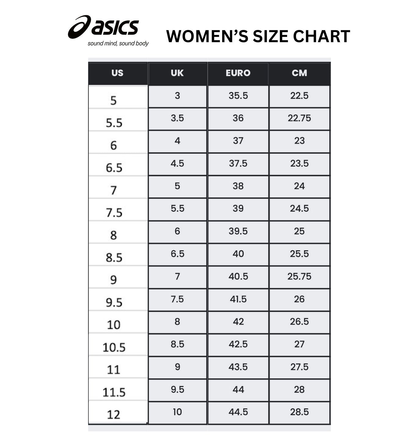 Shoe Size Chart Womens Asics Size Gel Kayano Asics Size Chart