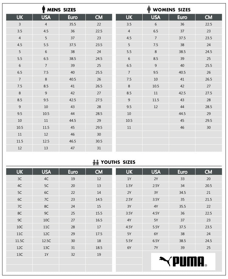 Puma joggers shop size chart