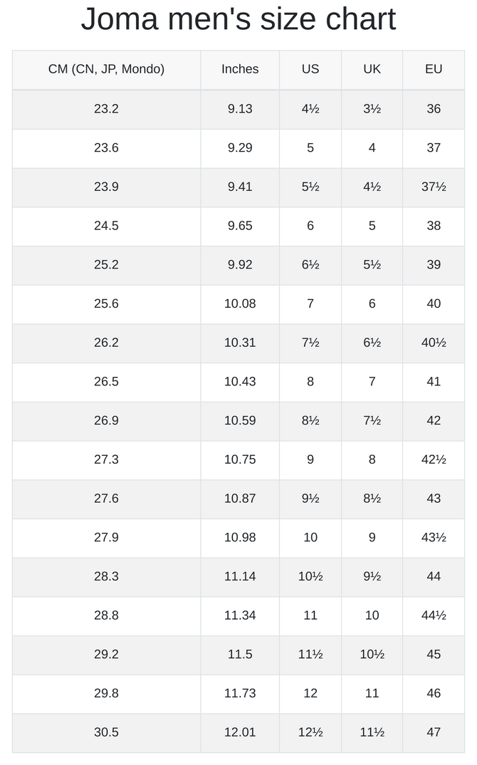 SIZE CHART RUNNERS SPORTS