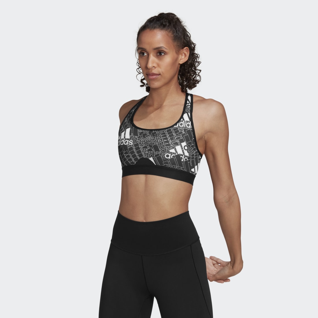 adidas, Power React Three Stripes Womens Medium Support Sports Bra, Black/White